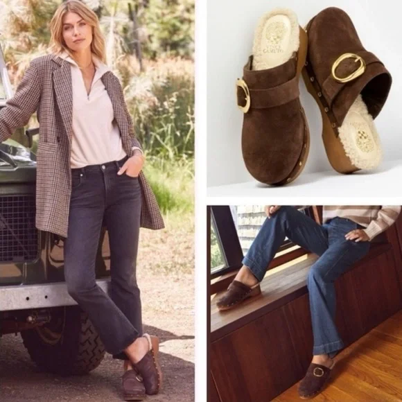 Vince Camuto Canzenee Chocolate Suede Mules with Gold Buckle - Picture 2 of 10